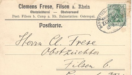 Eine alte Postkarte adressiert an Obstzüchterei - Obstversand Clemens FRESE, Filsen. Datiert 18.09.1911 | © aus der Sammlung Alfred Neckenich Eine alte Postkarte adressiert an Obstzüchterei - Obstversand Clemens FRESE, Filsen. Datiert 18.09.1911 | © aus der Sammlung Alfred Neckenich
