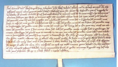 Beurkundung einer Schenkung der Eheleute Wasmud und Lucgarde von Bobard an das Kloster Eberbach im Jahre 1230: | © Hessisches Hauptstaatsarchiv Wiesbaden Beurkundung einer Schenkung der Eheleute Wasmud und Lucgarde von Bobard an das Kloster Eberbach im Jahre 1230: | © Hessisches Hauptstaatsarchiv Wiesbaden