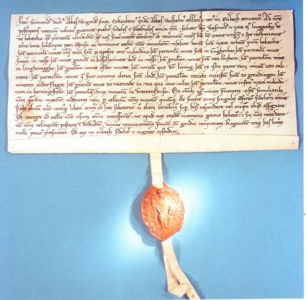 Beurkundung einer Schenkung der Eheleute Wasmud und Lucgarde von Bobard an das Kloster Eberbach im Jahre 1230: | © Hessisches Hauptstaatsarchiv Wiesbaden Beurkundung einer Schenkung der Eheleute Wasmud und Lucgarde von Bobard an das Kloster Eberbach im Jahre 1230: | © Hessisches Hauptstaatsarchiv Wiesbaden