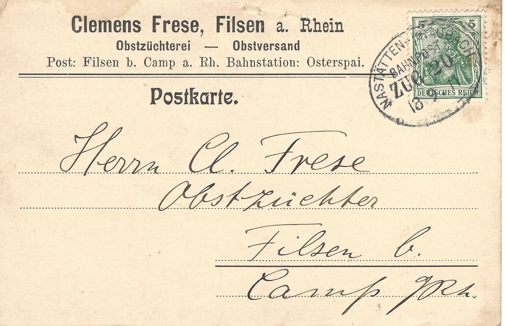Eine alte Postkarte adressiert an Obstzüchterei - Obstversand Clemens FRESE, Filsen. Datiert 18.09.1911 | © aus der Sammlung Alfred Neckenich Eine alte Postkarte adressiert an Obstzüchterei - Obstversand Clemens FRESE, Filsen. Datiert 18.09.1911 | © aus der Sammlung Alfred Neckenich